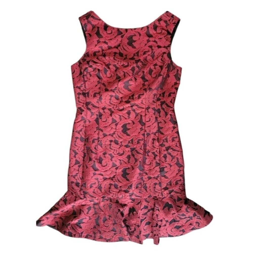 ANN TAYLOR $228 Jacquard Lined Sleeveless Flounce Dress Size 4 Black Red